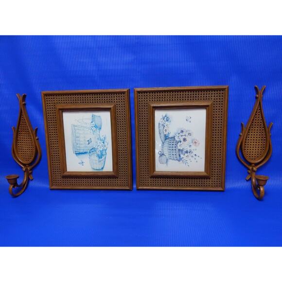 vtg 80s 1981 HOMCO Faux Rattan Wicker Picture Frame & Sconce Set 3282 4226 - Picture 1 of 12